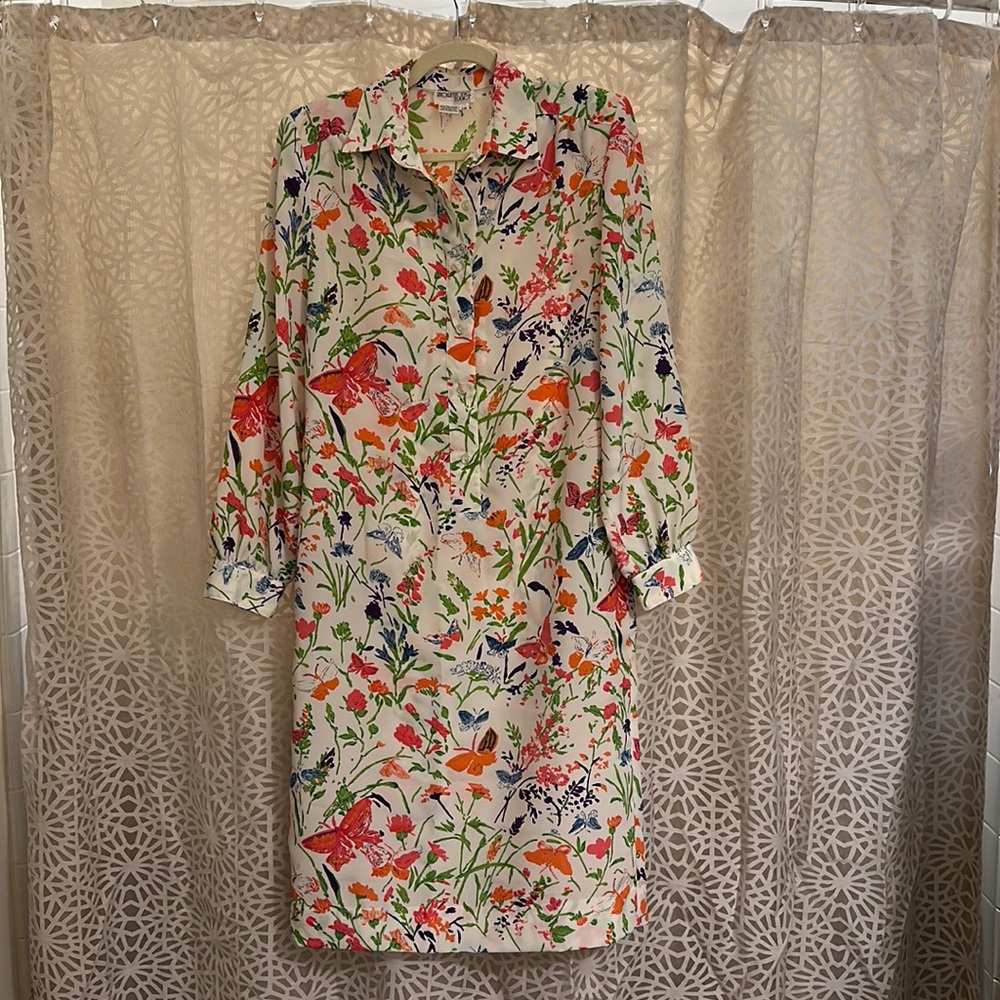 🦋 Vintage Brownstone Studio Floral & Butterfly Button-Down Tunic Dress